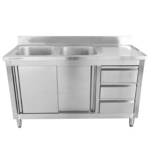 Möbel Doppeldiskbänk med Bakkant och 3 Lådor - 1400 x 600 mm - Diskho till Vänster - Dynasteel