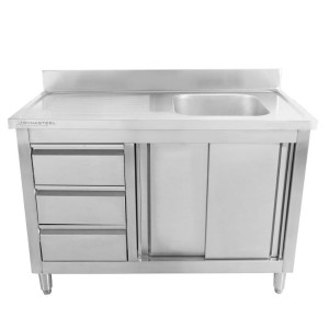 Meuble Plonge 1 Bac med Stänkskydd och 3 Lådor - 1200 x 600 mm - Bac till Höger - Dynasteel