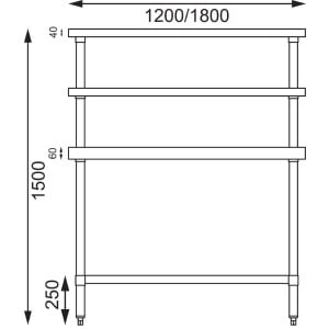 Ruostumaton teräspöytä, jossa on 2 ylähyllyä 1200 x 600 mm - Vogue - Fourniresto