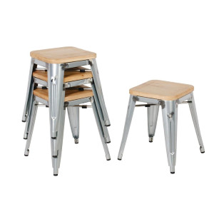 Tabourets Bistro Bas en Acier avec Assise en Bois - Lot de 4 - Bolero