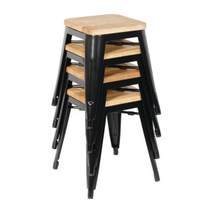 Tabourets Bistro Bas en Acier Noir avec Assise en Bois - Lot de 4 - Bolero