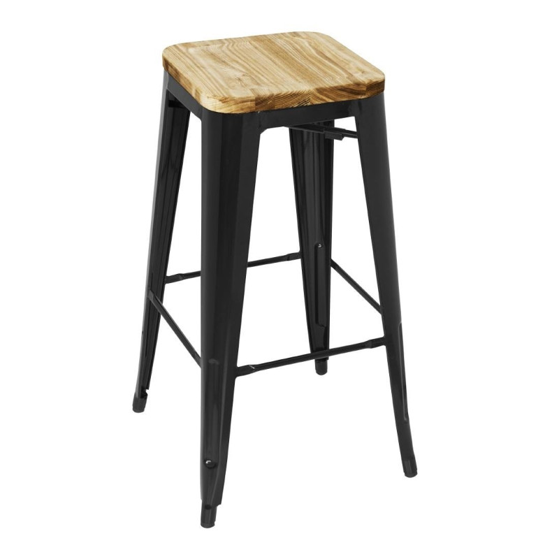 Musta teräksinen korkea bistrot-jakkara puuistuimella - 4 kpl - Bolero Musta teräksinen korkea bistrot-jakkara puuistuimella - 4 kpl - Bolero