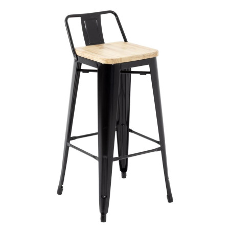 High Stools with Backrest and Wooden Seat - Black - Set of 4 - Bolero