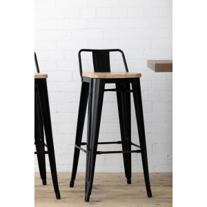 High Stools with Backrest and Wooden Seat - Black - Set of 4 - Bolero