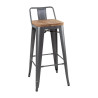 High Stools with Backrest and Wooden Seat - Metallic Gray - Set of 4 - Bolero