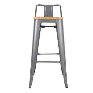 High Stools with Backrest and Wooden Seat - Metallic Gray - Set of 4 - Bolero
