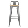 High Stools with Backrest and Wooden Seat - Metallic Grey - Set of 4 - Bolero