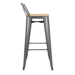 High Stools with Backrest and Wooden Seat - Metallic Gray - Set of 4 - Bolero