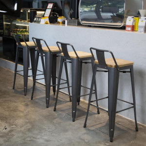 High Stools with Backrest and Wooden Seat - Metallic Gray - Set of 4 - Bolero