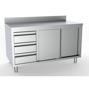 Rostfri stålmöbel med bakkant - 2 dörrar och 3 lådor till vänster - L 1800 x D 700 mm - CombiSteel