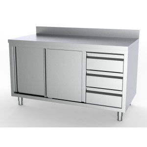 Ruostumaton teräskaluste, jossa on taustalevy - 2 ovea ja 3 laatikkoa oikealla - L 1400 x S 700 mm - CombiSteel