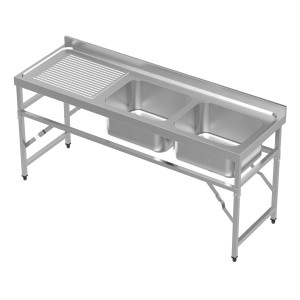 Plonge Pliante 2 Bacs och Avtappningsbricka till Vänster med Stänkskydd - L 1800 x D 600 mm - CombiSteel