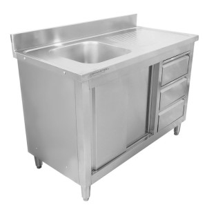 Meuble Plonge 1 Bac med Stänkskydd och 3 Lådor - 1200 x 600 mm - Bac till Vänster - Dynasteel