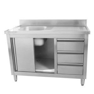 Meuble Plonge 1 Bac med Stänkskydd och 3 Lådor - 1200 x 600 mm - Bac till Vänster - Dynasteel