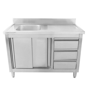 Meuble Plonge 1 Bac med Stänkskydd och 3 Lådor - 1200 x 600 mm - Bac till Vänster - Dynasteel