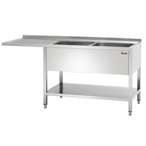 Doppeldiskbänk med diskmaskinsgenomgång, stänkskydd och nedre hylla - L 1800 x D 700 mm - Bartscher