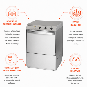 Professional Glass Washer with Rinse Aid and Detergent Dispenser - 35 x 35 cm