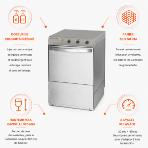 Professional Dishwasher with Rinse Aid and Detergent Dispenser - 50 x 50 cm