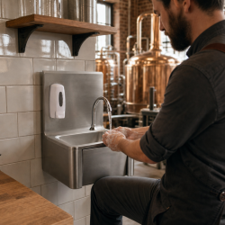 Stainless Steel Hand Wash with Knee Operated Control, Backsplash, and Soap