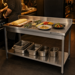Inoxbord 1600x700 mm Ryggstöd och Låg Hylla
