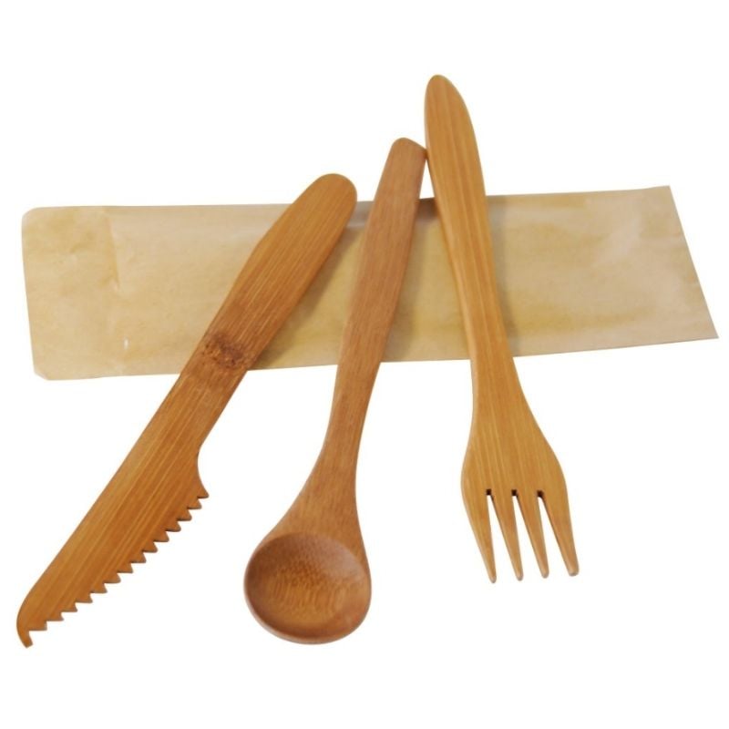 Bestick i lyxigt bambu - Set med 3 delar: Kniv, Gaffel, Sked - Förpackning med 50 miljövänliga stycken