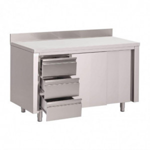 Bordsskåp i rostfritt stål med stänkskydd 3 lådor till höger och skjutdörrar - L 1200 x D 700mm - Gastro M