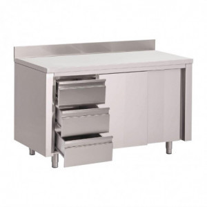 Stainless Steel Cabinet Table with Backsplash 3 Drawers on the Left and Sliding Doors - W 1200 x D 700mm - Gastro M