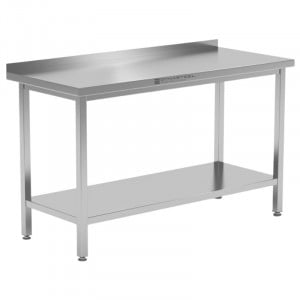 Ruostumaton teräspöytä 1600x700 mm taustalevyllä ja alahyllyllä
