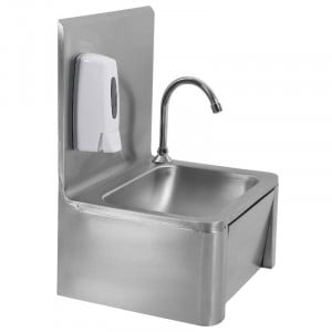 Stainless Steel Hand Wash with Knee Operated Control, Backsplash, and Soap