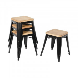 Musta teräksinen matala bistrotuoli puuistuimella - 4 kpl - Bolero