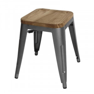 Low Bistro Stools in Grey Metal Steel with Wooden Seat - Set of 4 - Bolero