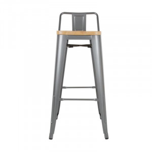 High Stools with Backrest and Wooden Seat - Metallic Gray - Set of 4 - Bolero