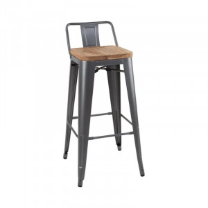 High Stools with Backrest and Wooden Seat - Metallic Gray - Set of 4 - Bolero
