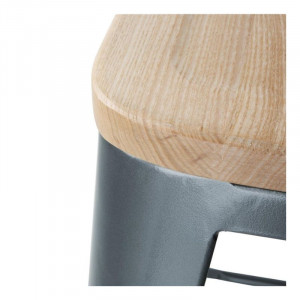 High Stools with Backrest and Wooden Seat - Metallic Gray - Set of 4 - Bolero