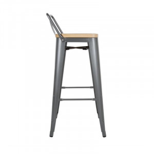 High Stools with Backrest and Wooden Seat - Metallic Gray - Set of 4 - Bolero