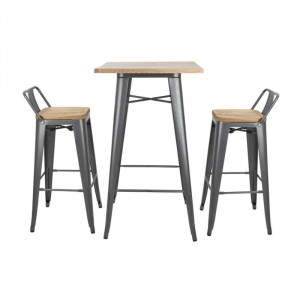 High Stools with Backrest and Wooden Seat - Metallic Gray - Set of 4 - Bolero