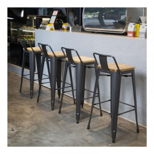 High Stools with Backrest and Wooden Seat - Metallic Grey - Set of 4 - Bolero