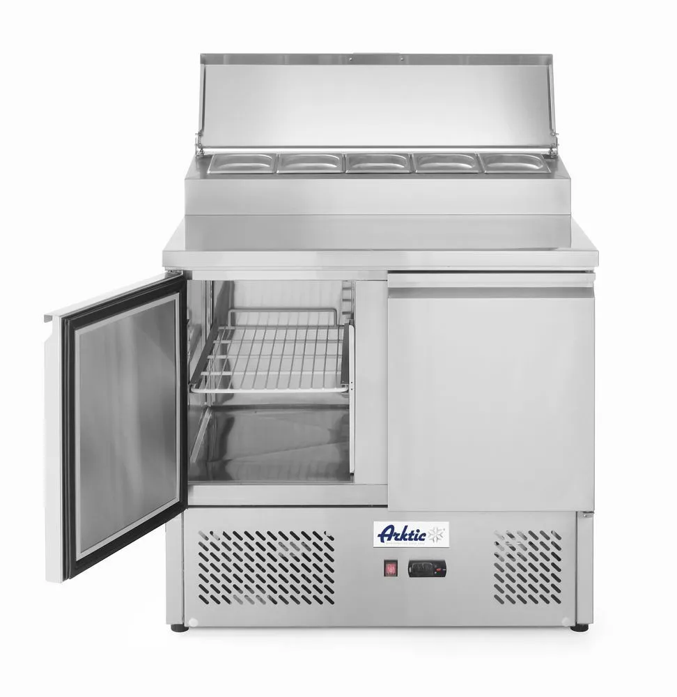 Valmistelutiski pizzoille tai salaateille, jossa on jäähdytetty vitriini - 300 L - 5 GN 1/6 -astiaa