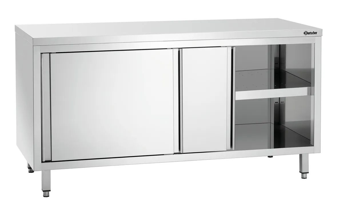 Ruostumaton teräksinen kaluste liukuovilla ja hyllyllä - L 1600 mm
