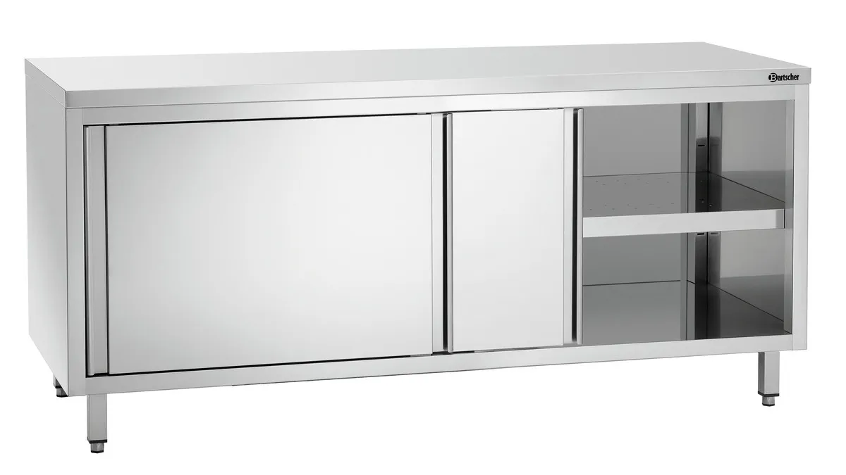 Ruostumaton teräksinen kaluste liukuovilla ja hyllyllä - L 1800 mm