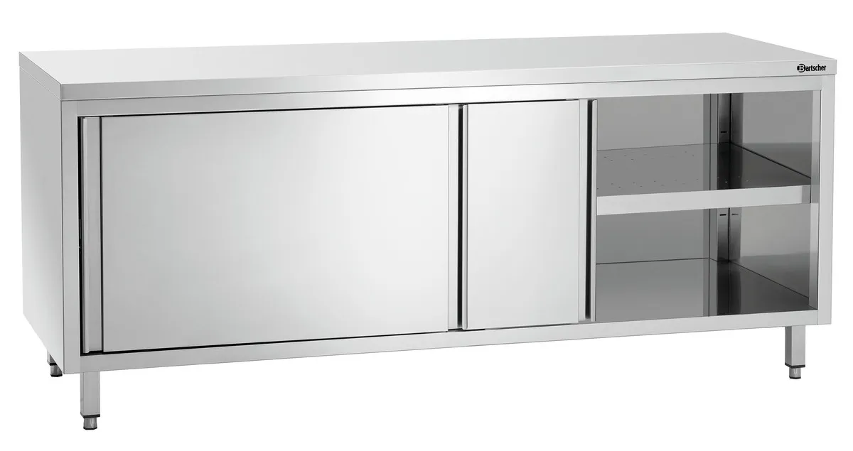 Ruostumaton teräksinen kaluste liukuovilla ja hyllyllä - L 2000 mm