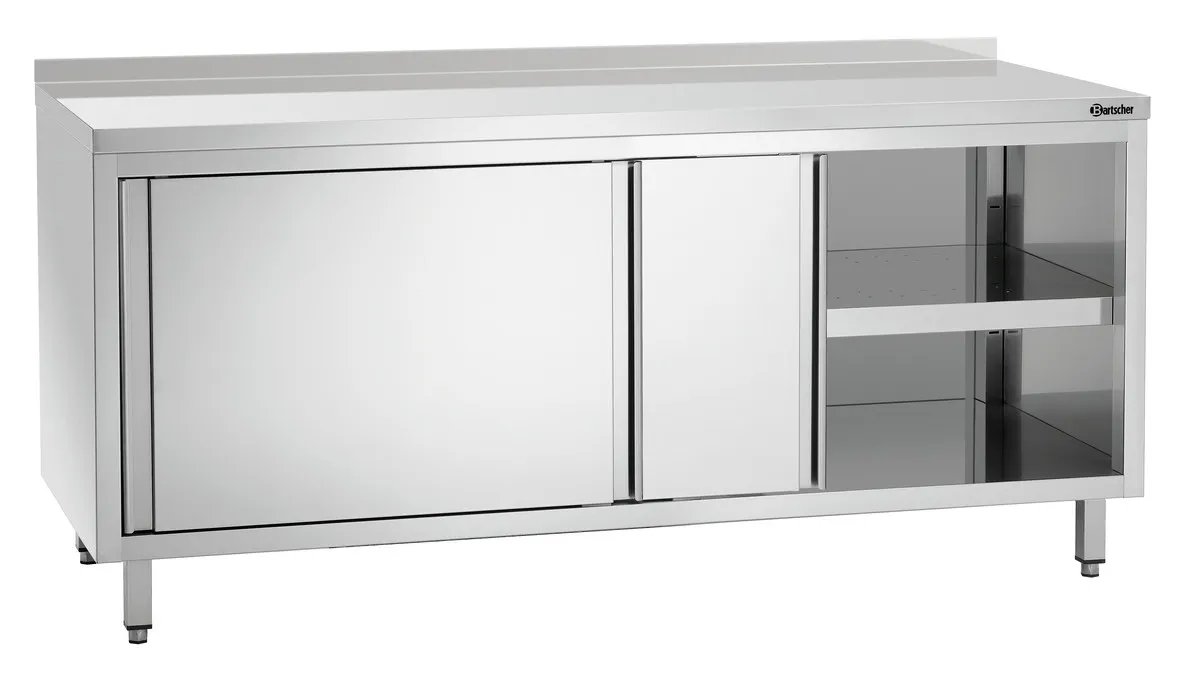 Ruostumaton teräksinen kaluste liukuovilla, hyllyllä ja taustalevyllä - L 1800 mm