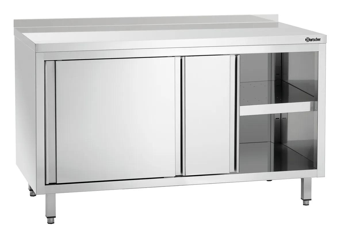 Ruostumaton teräksinen kaluste liukuovilla, hyllyllä ja taustalevyllä - L 1400 mm