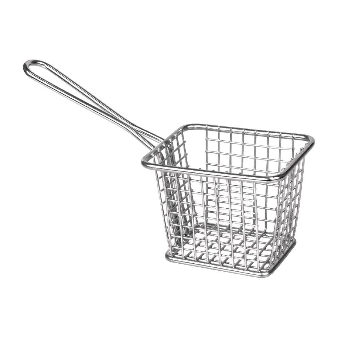 Pieni neliömäinen esillepanokori pitkällä teräksisellä kahvalla