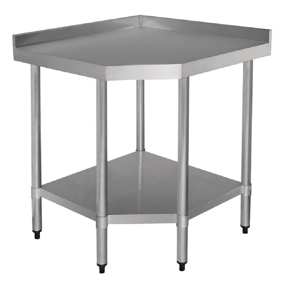 Ruostumaton teräksinen kulmapöytä, jossa on selkänoja ja hylly - L 900 x 700 mm