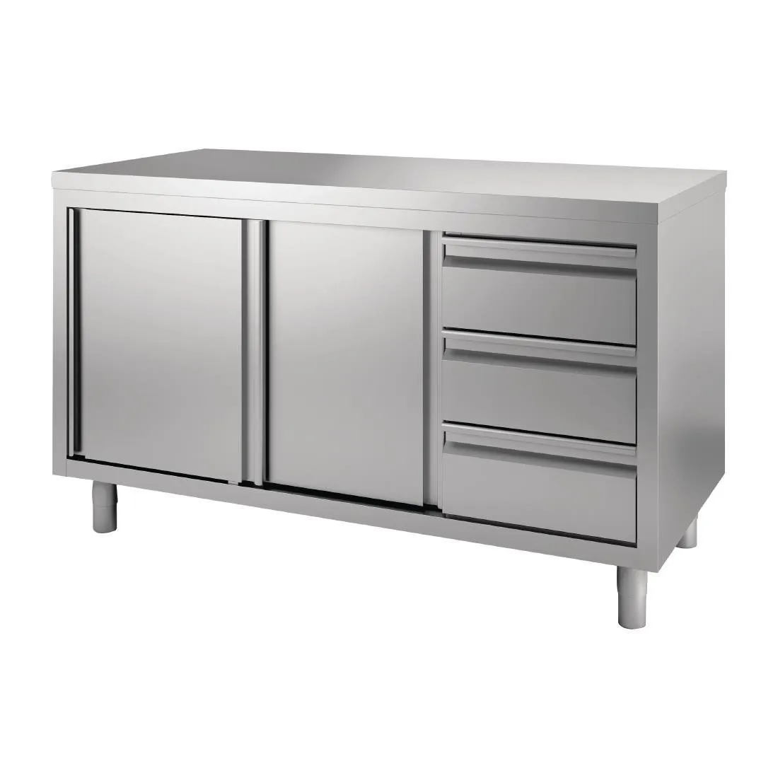 Ruostumaton teräksinen kaluste liukuovilla ja 3 laatikkoa vasemmalla - L 1600 x S 700 mm
