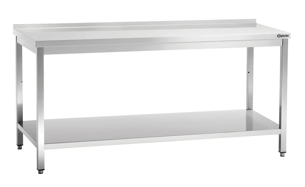 Ruostumattomasta teräksestä valmistettu työpöytä alahyllyllä ja takareunalla - S 700 mm - L 1800 mm