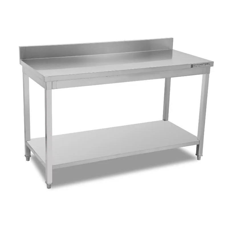 Ammattimainen ruostumaton teräspöytä 1400 x 600 mm, takareunuksella ja alahyllyllä, korkeus 950 mm, AISI 201