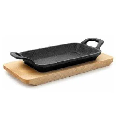 Mini Plancha Grill Tasainen pohja puujalustalla - 22,5 x 10 cm