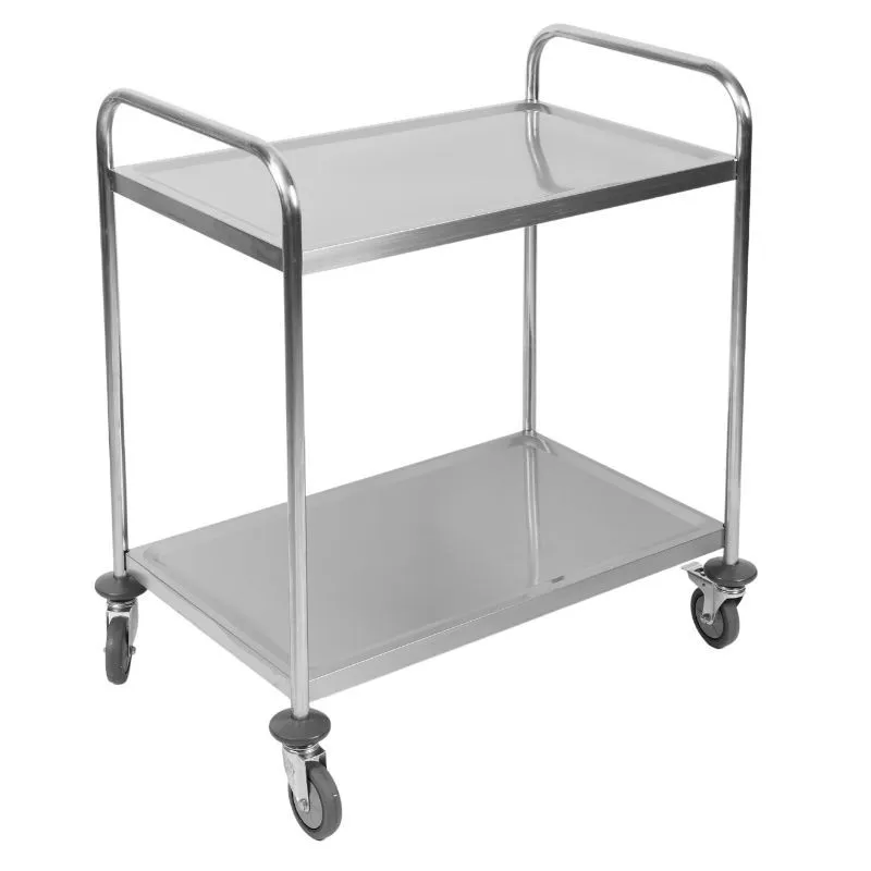 Ruostumattomasta teräksestä valmistettu tarjoiluvaunu, 2 tasoa, 860 x 540 x 950 mm, kantavuus 70 kg, 4 pyörää, ravintola CHR